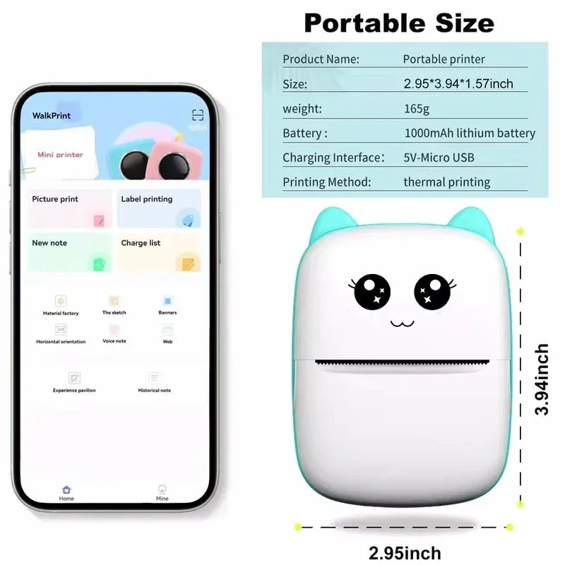 Portable Thermal Printer - Mini Cat Print Photo Pocket Thermal Label Printer