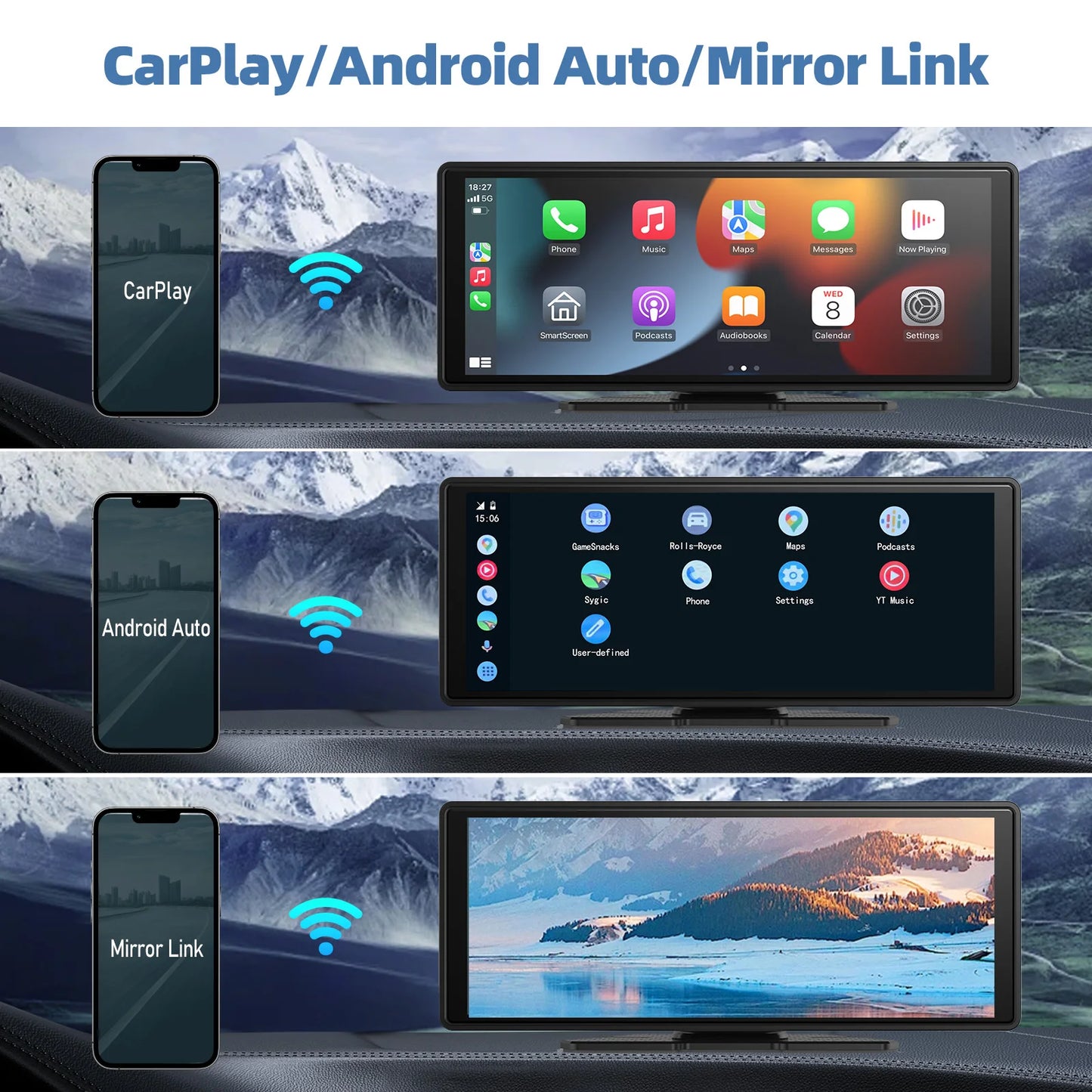 Universal Wireless CarPlay Screen for Car, Wireless Car Stereo with CarPlay & Android Auto, Touchscreen Car Display