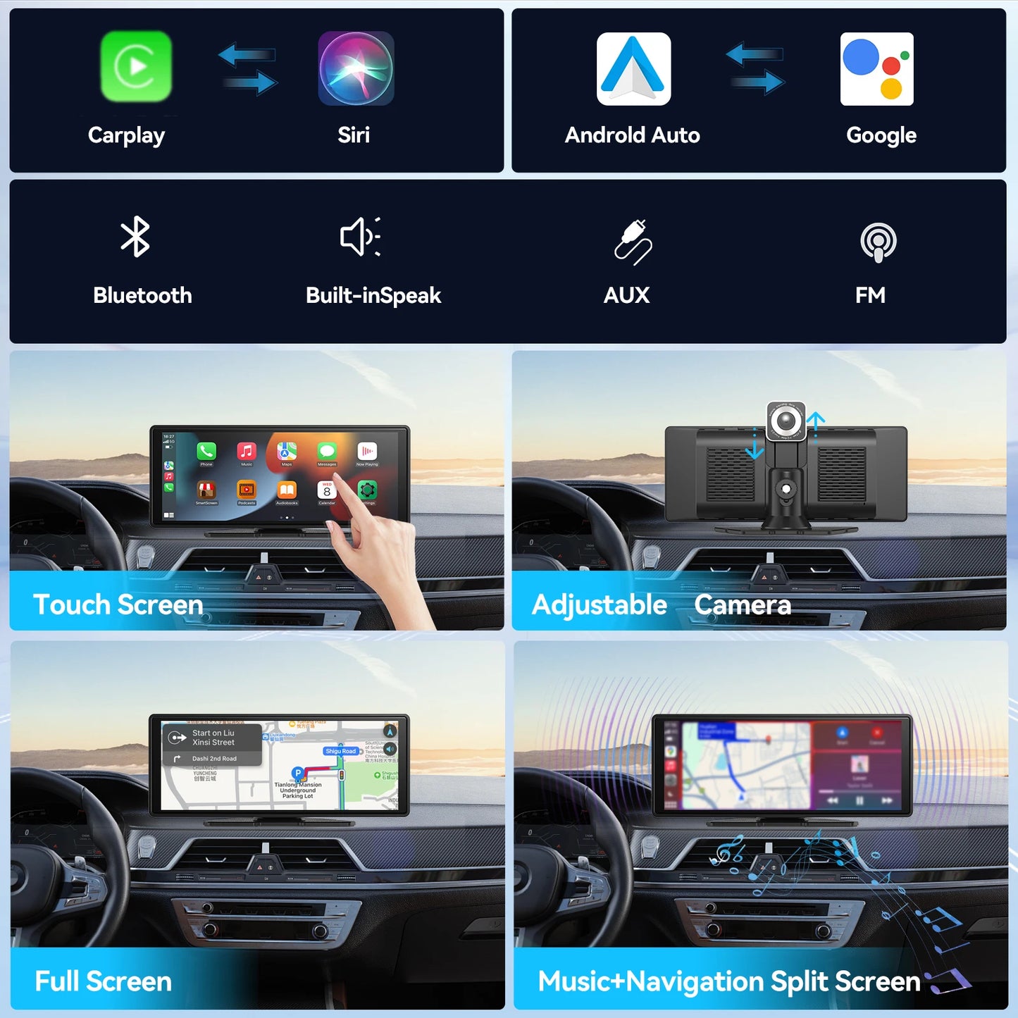 Universal Wireless CarPlay Screen for Car, Wireless Car Stereo with CarPlay & Android Auto, Touchscreen Car Display